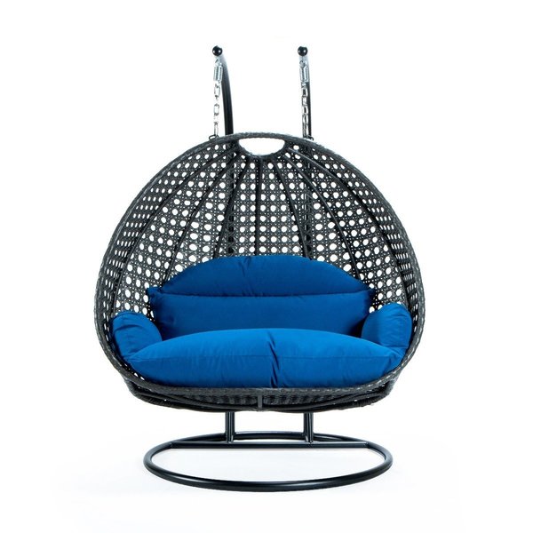 Leisuremod Charcoal Wicker Hanging 2 person Egg Swing Chair with Blue Cushions ESCCH-57BU